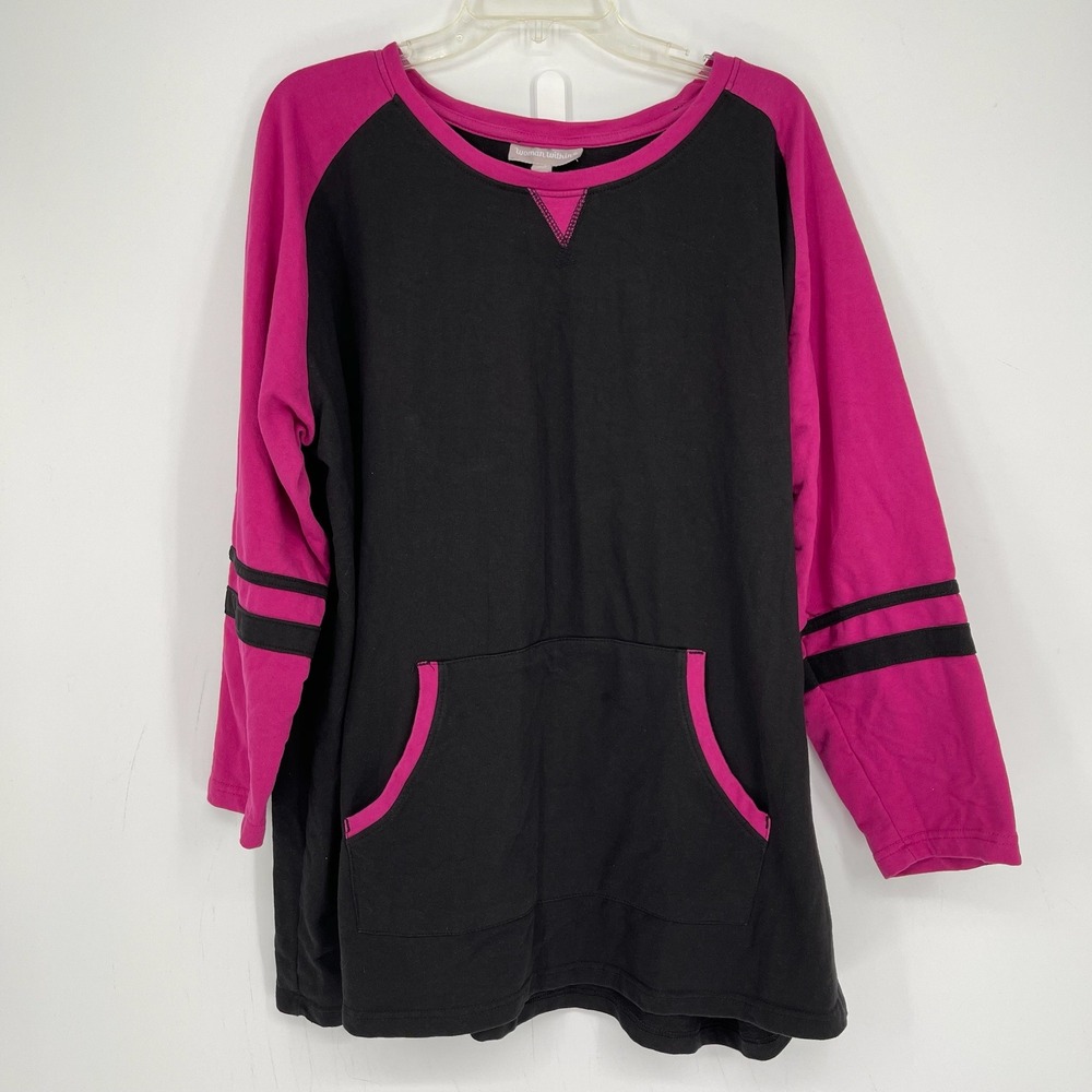 Woman Within Women's Black Pink Raglan Kangaroo Pocket Sweatshirt Size 2X 26-28